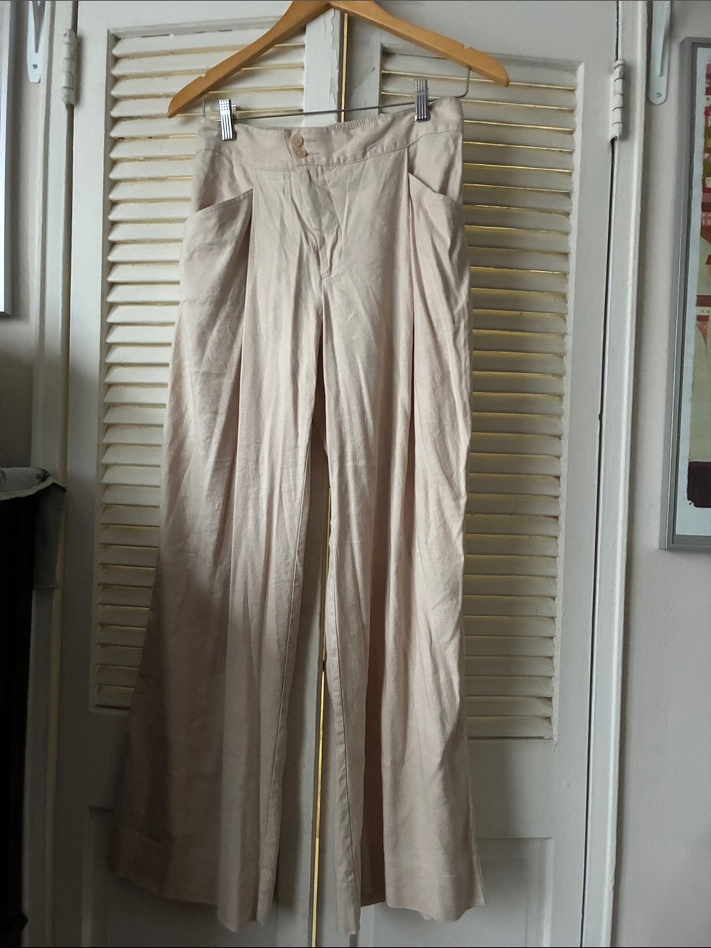 CAbi Neutral Wide-Leg High-Rise Trousers in Light Beige